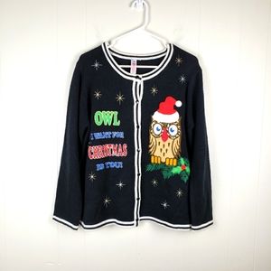 UGLY CHRISTMAS SWEATER Owl I Want For Christmas Is You Buttondown Cardigan Lg
